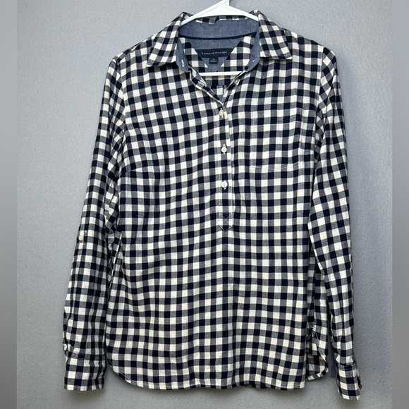 Tommy Hilfiger Tops - Tommy Hilfiger Navy Blue White Gingham Plaid Button Down Shirt Preppy Cozy Sz SP